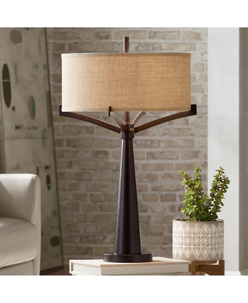 Franklin Iron Works Tremont Industrial Table Lamp 31 1/2" Tall Bronze Metal Burlap Fabric Drum Shade for Bedroom Living Room Bedside Nightstand O
