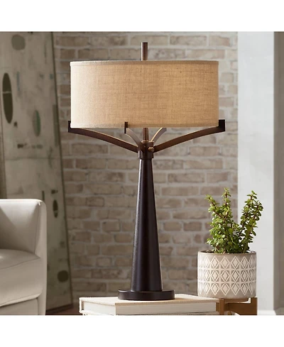 Franklin Iron Works Tremont Industrial Table Lamp 31 1/2" Tall Bronze Metal Burlap Fabric Drum Shade for Bedroom Living Room Bedside Nightstand O