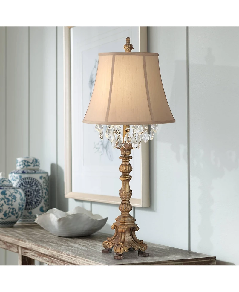 Barnes and Ivy Duval Traditional Table Lamp 33" Tall Aged Gold Candlestick Crystal Fabric Bell Shade for Bedroom Living Room Bedside Office Famil