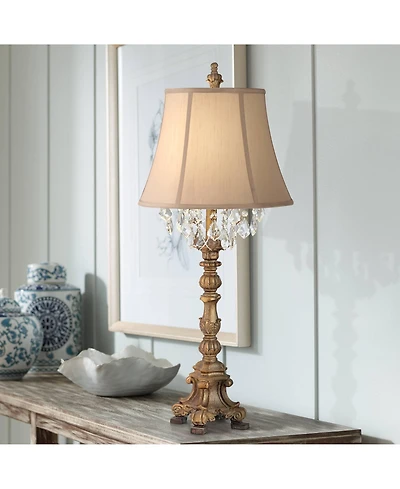 Barnes and Ivy Duval Traditional Table Lamp 33" Tall Aged Gold Candlestick Crystal Fabric Bell Shade for Bedroom Living Room Bedside Office Famil
