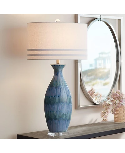 Possini Euro Design Annette Coastal Table Lamp 38" Tall Blue Ceramic Drip Vase Off White Oval Shade for Bedroom Living Room Bedside Nightstand Of