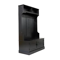 Hall Tree With Double Door Entryway Storage Bench, 4 Hook Coat Rack, Top Cubbies