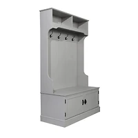 Hall Tree With Double Door Entryway Storage Bench, 4 Hook Coat Rack, Top Cubbies