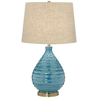 Kayley Mid Century Modern Coastal Table Lamp Textured Ceramic 24" High Sky Blue Glaze Linen Fabric Tapered Drum Shade for Living Room Bedroom House Be