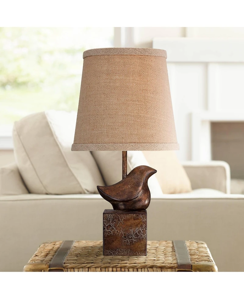 360 Lighting Bird Moderne Rustic Farmhouse Accent Table Lamp 15 1/2" High Sculptural Crackle Bronze Brown Natural Burlap Drum Shade Bedroom Night