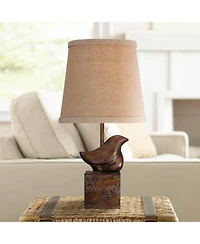 360 Lighting Bird Moderne Rustic Farmhouse Accent Table Lamp 15 1/2" High Sculptural Crackle Bronze Brown Natural Burlap Drum Shade Bedroom Night