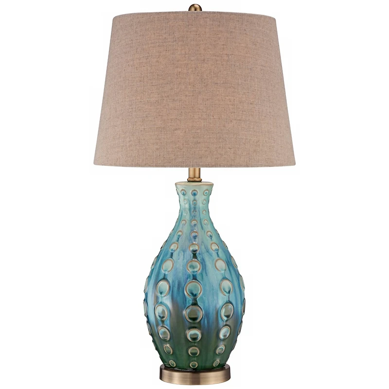 Mid Century Modern Vase-Shaped Table Lamp 26.5" High Textured Glaze Teal Green Hand-Made Ceramic Tan Linen Drum Shade for Living Room Bedroom Hou
