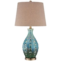Mid Century Modern Vase-Shaped Table Lamp 26.5" High Textured Glaze Teal Green Hand-Made Ceramic Tan Linen Drum Shade for Living Room Bedroom Hou