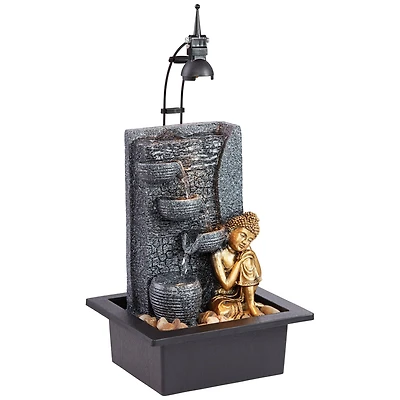 Kneeling Gold Buddha 17" High Small Zen Asian Indoor Outdoor Decor Faux Stone Tabletop Fountain with Light Led