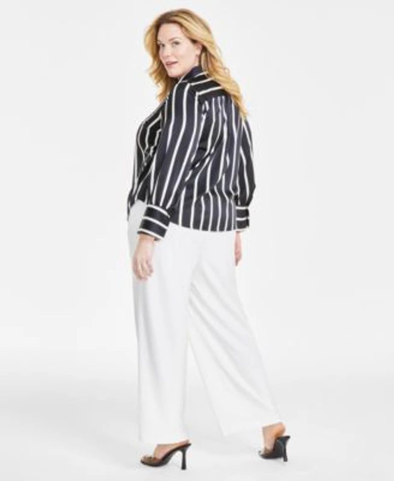 Vince Camuto Plus Size Striped Button Down Bell Sleeve Shirt Flat Front Elastic Waist Wide Leg Pants
