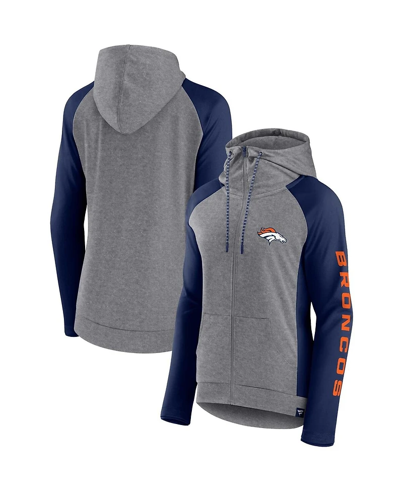 Women's Fanatics Heather Gray, College Navy Denver Broncos Blind Side Lightweight Full-Zip Hoodie