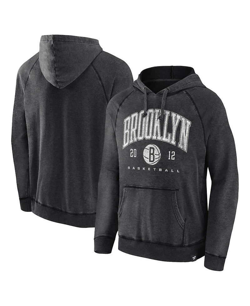 Men's Fanatics Heather Charcoal Distressed Brooklyn Nets Foul Trouble Snow Wash Raglan Pullover Hoodie