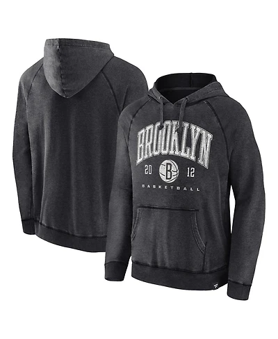 Men's Fanatics Heather Charcoal Distressed Brooklyn Nets Foul Trouble Snow Wash Raglan Pullover Hoodie