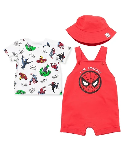 Avengers Baby Boys French Terry Short Overalls T-Shirt and Hat 3 Piece Outfit Set