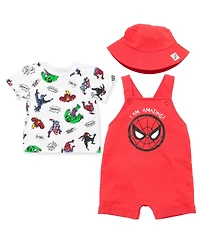 Avengers Baby Boys French Terry Short Overalls T-Shirt and Hat 3 Piece Outfit Set