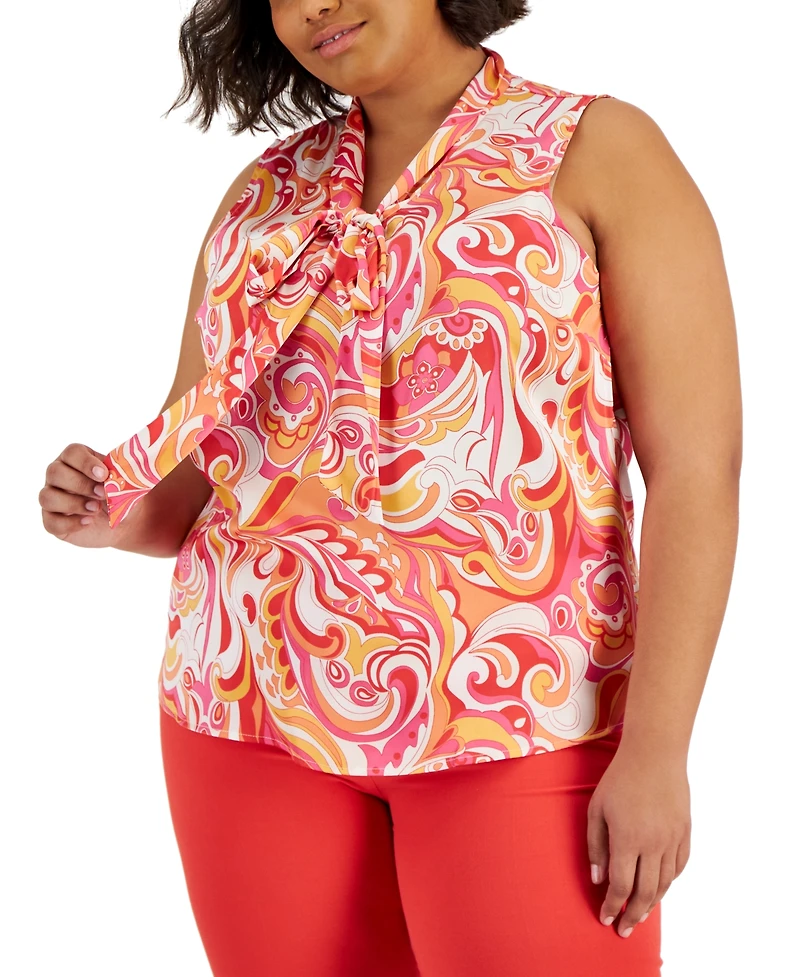 Tahari Asl Plus Size Printed Sleeveless Bow Blouse