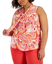 Tahari Asl Plus Size Printed Sleeveless Bow Blouse