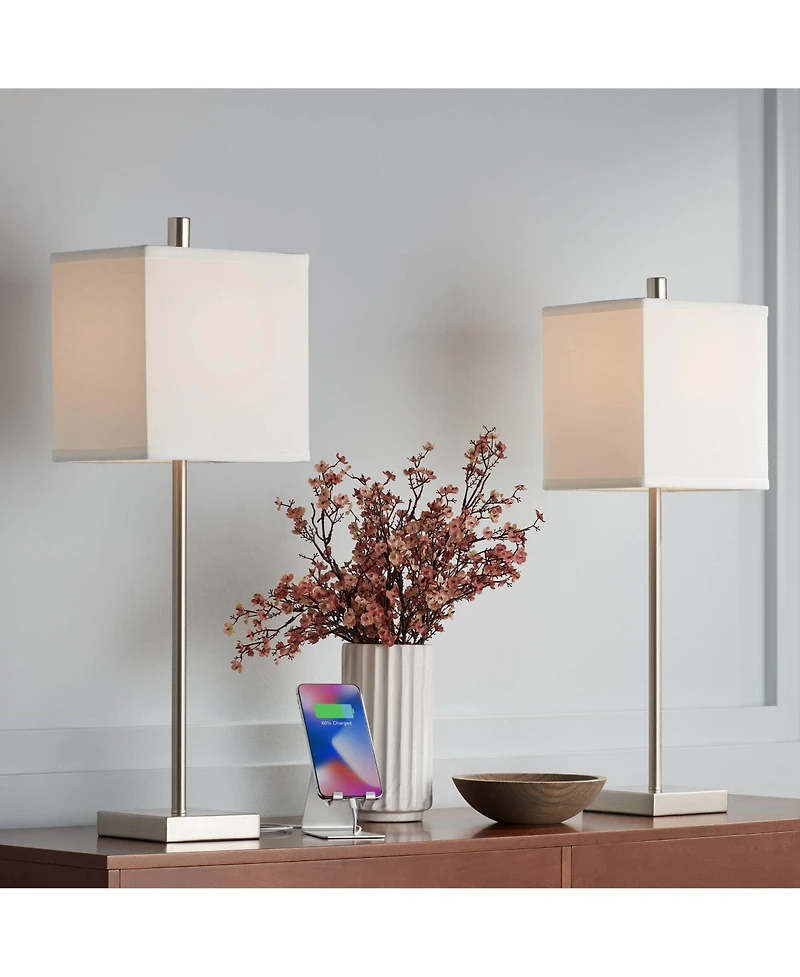 360 Lighting Franco Modern Table Lamps 26 1/2" High Set of 2 Brushed Nickel with Usb Charging Ports White Square Shade for Bedroom Living Room De