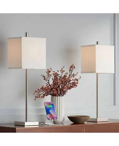 360 Lighting Franco Modern Table Lamps 26 1/2" High Set of 2 Brushed Nickel with Usb Charging Ports White Square Shade for Bedroom Living Room De