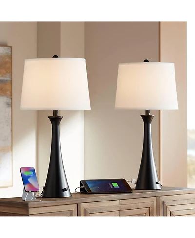 360 Lighting Karl Modern Table Lamps 28 1/4" Tall Set of 2 Black Metal with Usb and Ac Power Outlet in Base White Drum Shade for Bedroom Living R