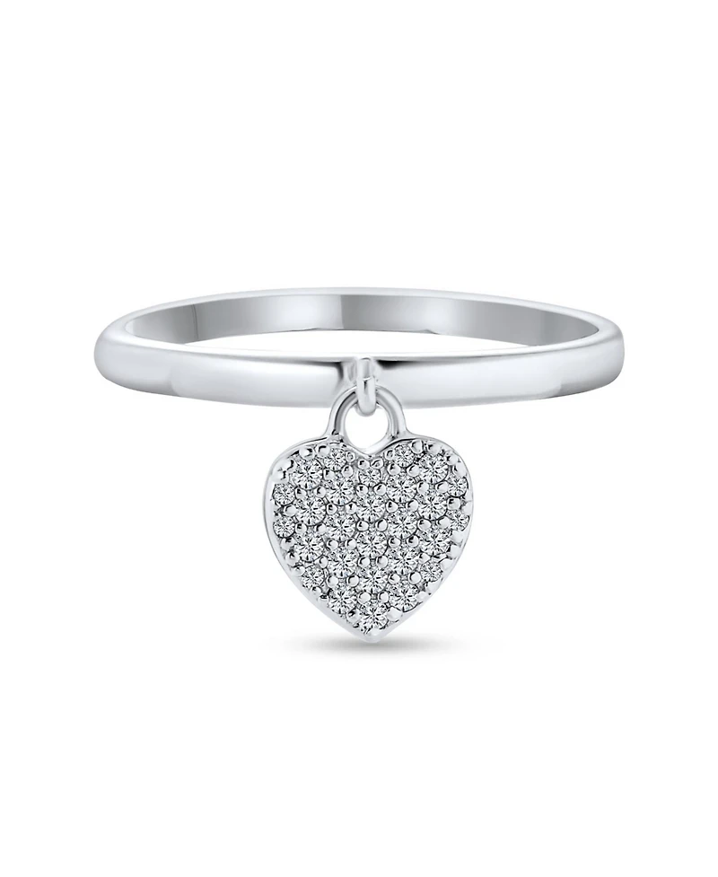 Bling Jewelry Simple Delicate Sterling Silver Pave Dangle Heart Charm Ring 1MM Thin Band