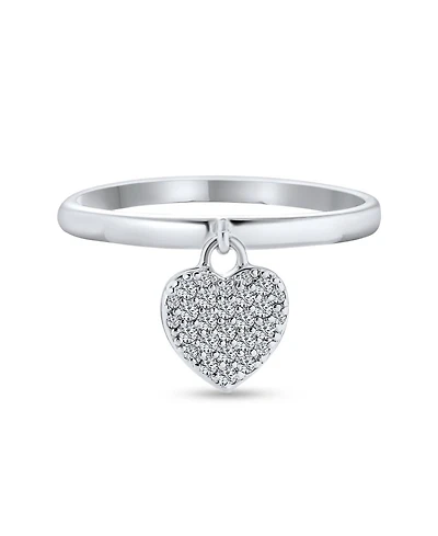 Bling Jewelry Simple Delicate Sterling Silver Pave Dangle Heart Charm Ring 1MM Thin Band