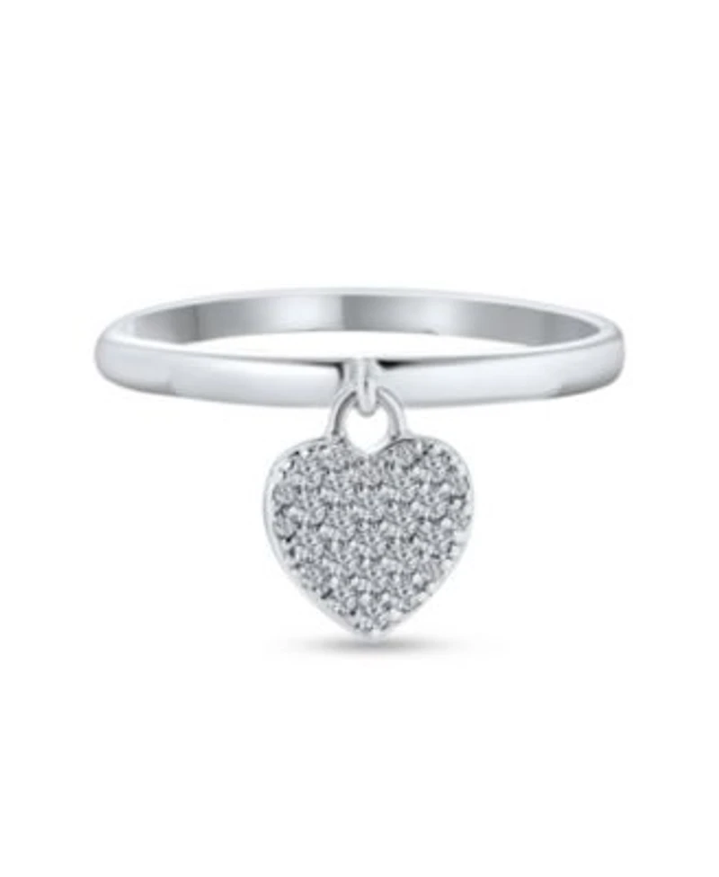 Bling Jewelry Simple Delicate Sterling Silver Pave Dangle Heart Charm Ring For For 1mm Thin Band