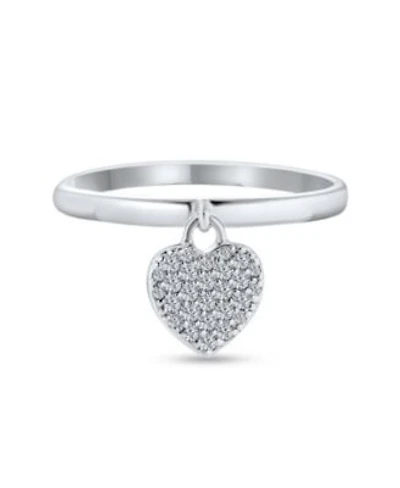 Bling Jewelry Simple Delicate Sterling Silver Pave Dangle Heart Charm Ring For For 1mm Thin Band