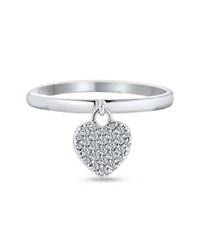 Bling Jewelry Simple Delicate Sterling Silver Pave Dangle Heart Charm Ring For For 1mm Thin Band