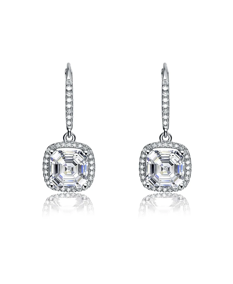 Sterling Silver White Gold Plated White Cubic Zirconia Radiant Square Drop Earrings