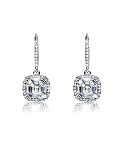 Sterling Silver White Gold Plated White Cubic Zirconia Radiant Square Drop Earrings
