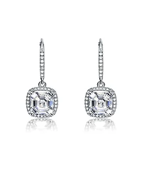 Sterling Silver White Gold Plated White Cubic Zirconia Radiant Square Drop Earrings