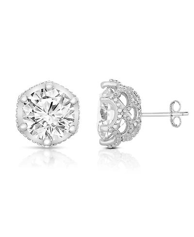 Sterling Silver White Gold Plated Round-cut Cubic Zirconia Stone stud Earring