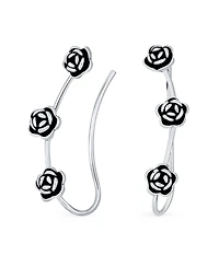Bling Jewelry Retro 3D Flower Three Roses Wire Ear Pin Climbers Crawlers Rose Earrings Oxidized Sterling Silver