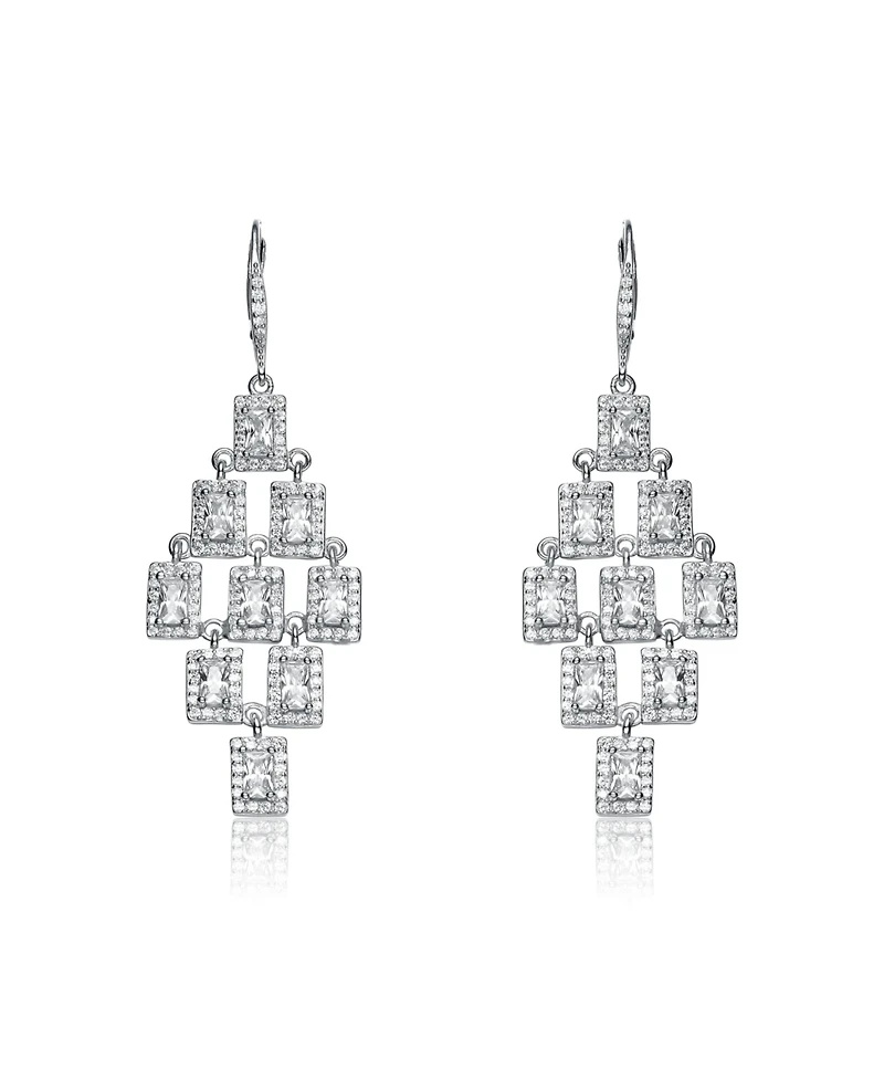 Sterling Silver White Gold Plated Clear Square Shape Chandelier Earrings