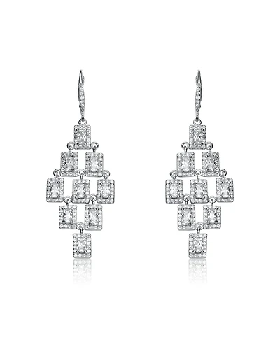 Sterling Silver White Gold Plated Clear Square Shape Chandelier Earrings