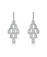 Sterling Silver White Gold Plated Clear Square Shape Chandelier Earrings