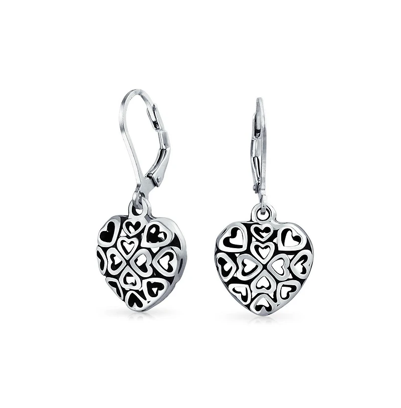 Bling Jewelry Open Clover Flower Filigree Heart Dangle Earrings Oxidized Rose Gold Sterling Silver