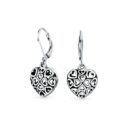 Bling Jewelry Open Clover Flower Filigree Heart Dangle Earrings Oxidized Rose Gold Sterling Silver