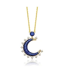 Sterling Silver with 14K Gold and Black Plated Blue Cubic Zirconia Moon Charm Necklace