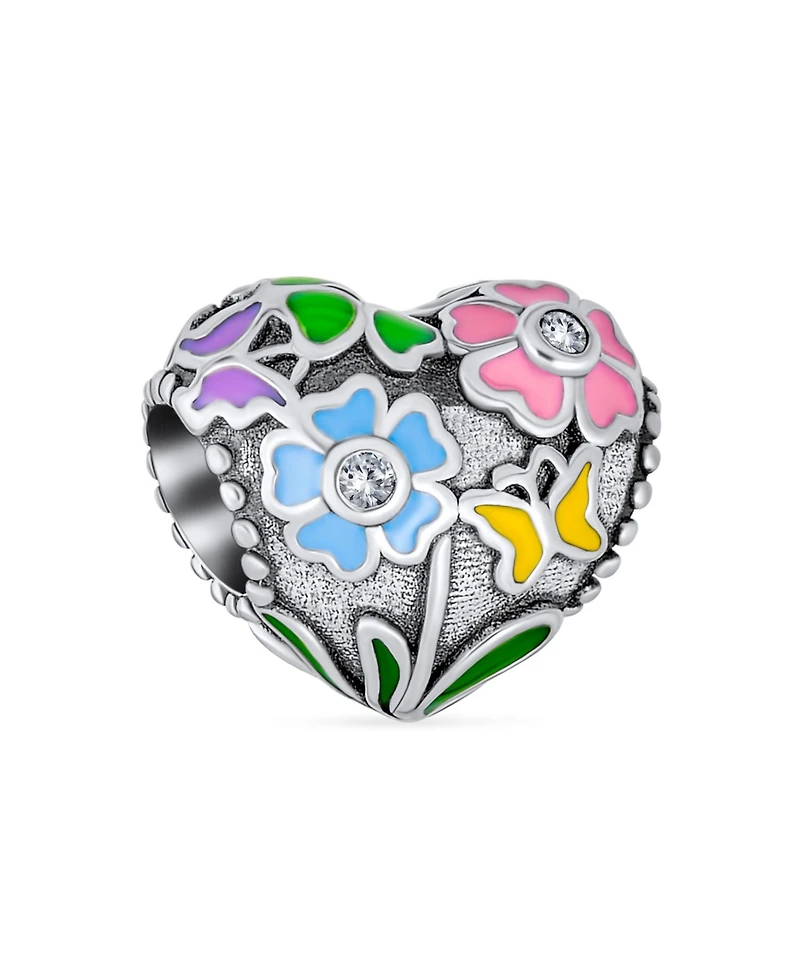 Bling Jewelry Valentine Cz Accent Love Grows Multi Color Enamel Floral Bouquet 3D Flower Heart Shape Charm Bead Sterling Silver Fits European Bracelet