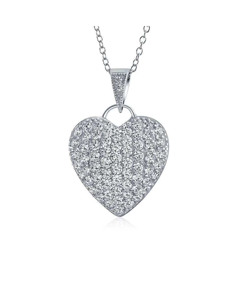 Bling Jewelry Elegant Large Pave Cubic Zirconia Cz Puff Heart Shape Pendant Necklace Sterling Silver Filigree Back