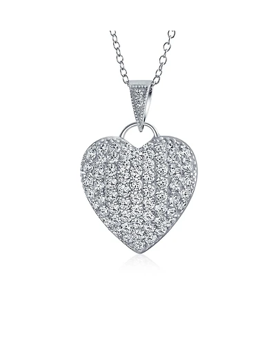 Bling Jewelry Elegant Large Pave Cubic Zirconia Cz Puff Heart Shape Pendant Necklace Sterling Silver Filigree Back