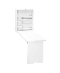 Homcom Wall Mounted Fold Out Convertible Desk, Multi-Function Floating Desk with Storage Shelf for Home Office, White