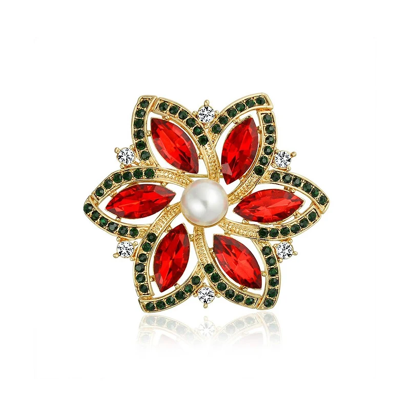 Bling Jewelry Red Marquise Colorful Crystal Simulated Pearl Fashion Large Statement Holiday Christmas Poinsettia Flower Scarf Brooch Pin Gold Plated