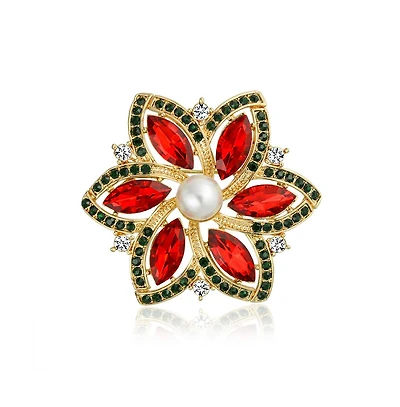 Bling Jewelry Red Marquise Colorful Crystal Simulated Pearl Fashion Large Statement Holiday Christmas Poinsettia Flower Scarf Brooch Pin Gold Plated