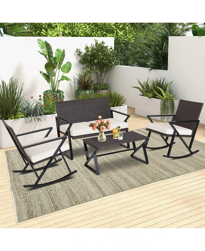 4 Pieces Rattan Patio Rocking Furniture Set with Loveseat and Coffee Table