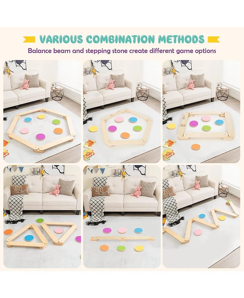 12-Piece Kids Wooden Balance Beam with Colorful Steeping Stones