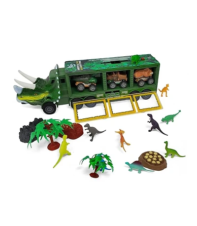 Kovot Dino Transport Truck Play set: 14" Long with Light & Music, 3 Cars, 27 Mini Dinosaurs, Props, Car Launcher, and Ramp