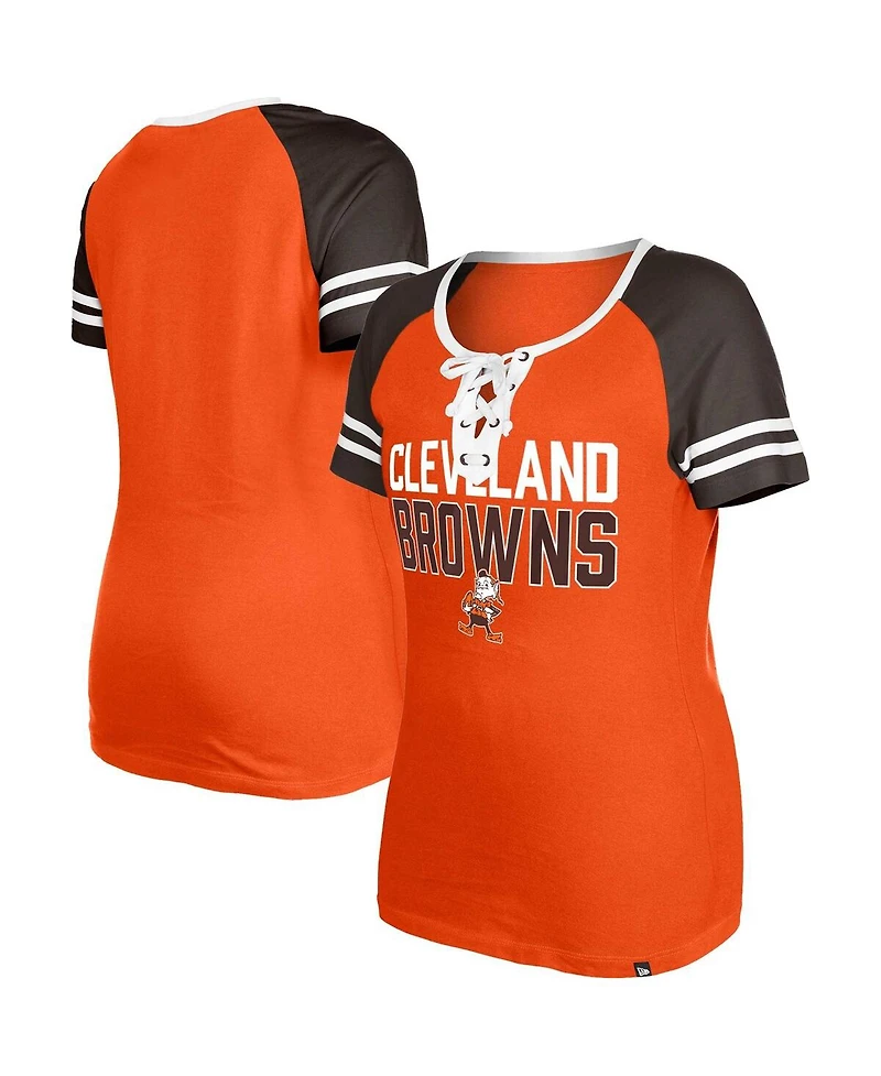 Women's New Era Orange Distressed Cleveland Browns Throwback Raglan Lace-Up T-shirt